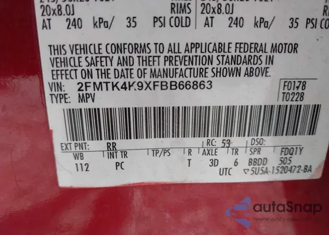 2015 Ford Edge Titanium z USA, uszkodzony, nr VIN 2FMTK4K9XFBB66863